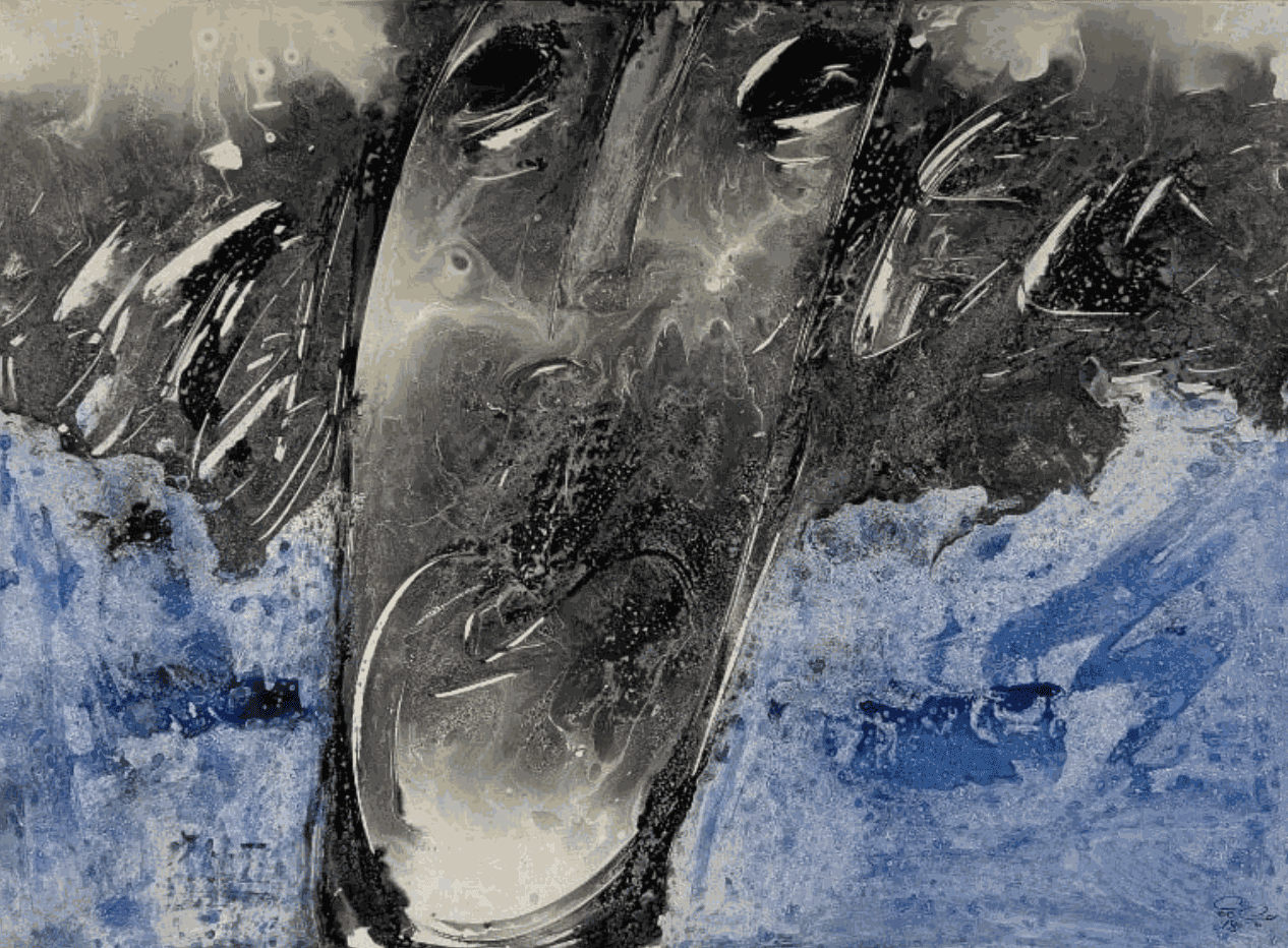 Figures, 2018 Mixed media on cardboard mounted on canvas 76 x 106 cm Signed lower right