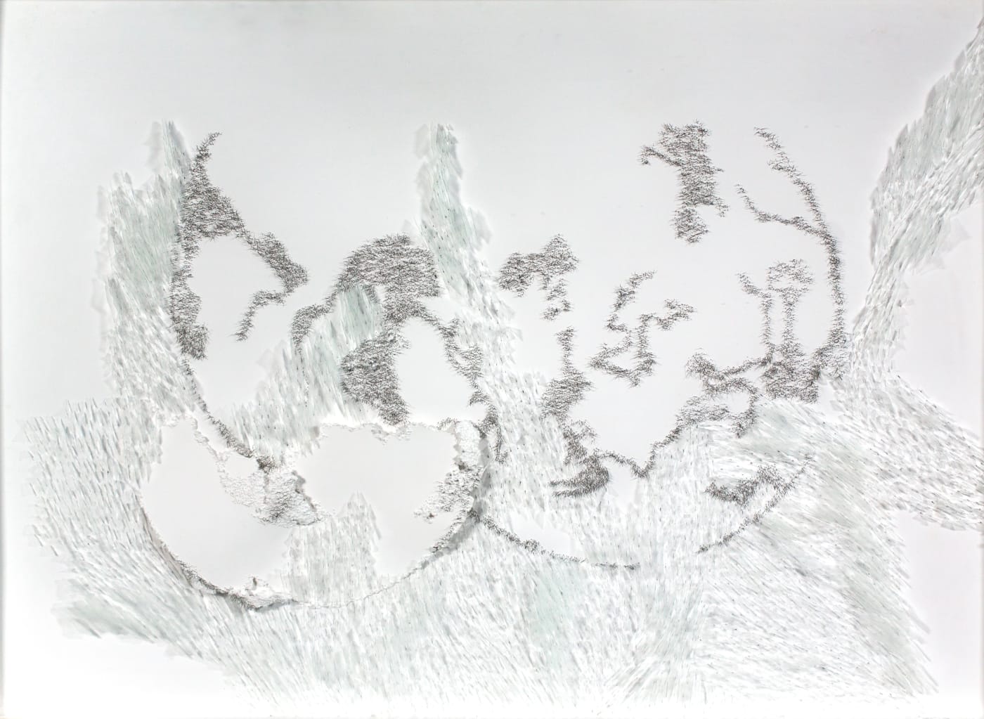 SAFAA ERRUAS MUNDOS INTERPRETADOS I (WORLDS INTERPRETED II) , 2019 Metallic threads, broken glass slides on cotton paper 60 x 83 cm
