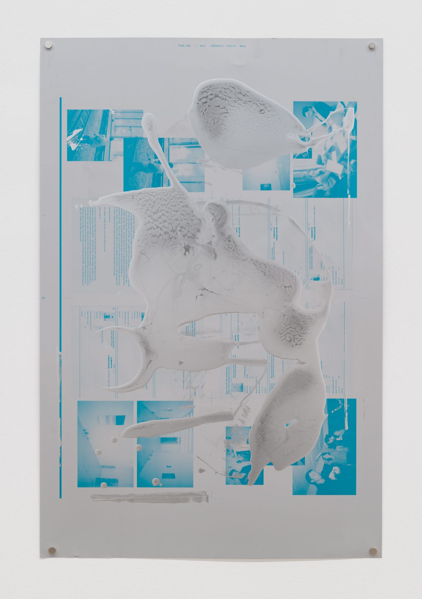UNIDENTIFIED LIQUID / SOLD WORK WITH BEN SCHUMACHER, 2019-2021 Aluminum printing plate, ink, and aluminum metal sculpt 35 x 23 in 88.9 x 58.4 cm