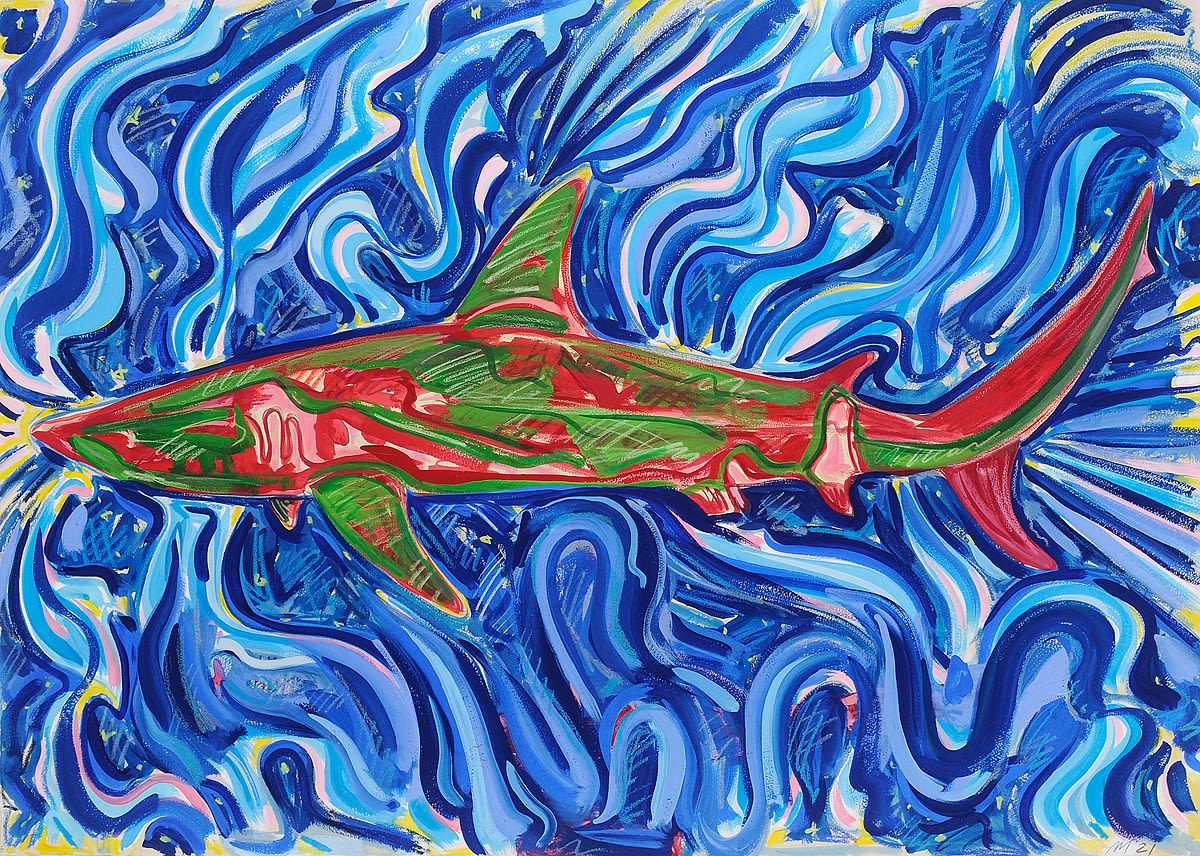 Night Shark III, Gouache, Crayon, and Oil Pastel on Paper, 29.5x42", 2021