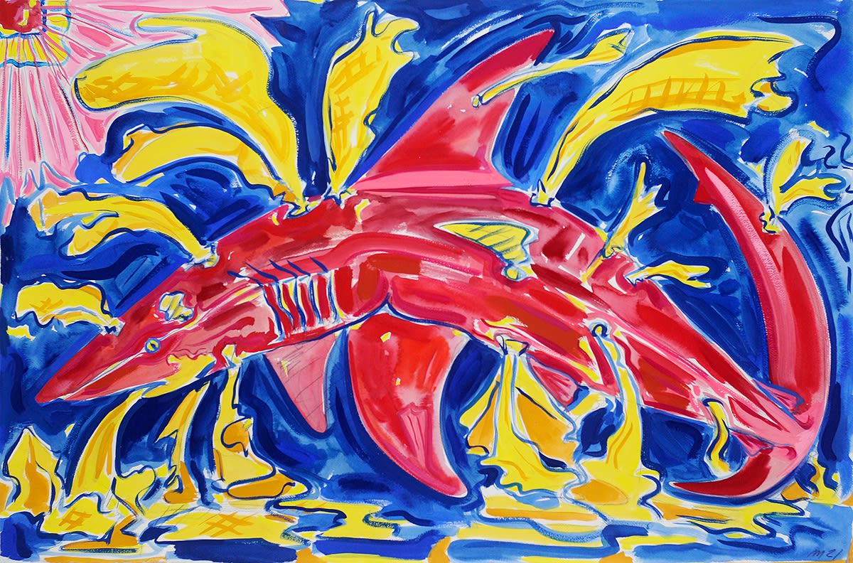 Exploding Shark (Don't Fish With Dynamite), Gouache on Paper, 26x40", 2021