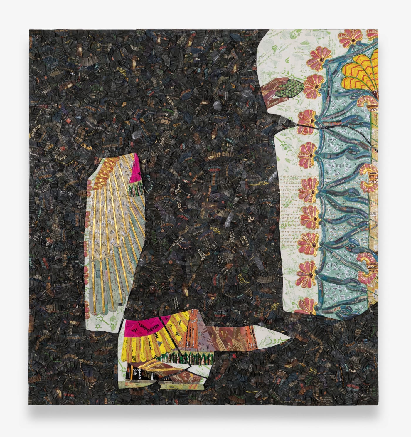 The invisible enemy should not exist (Northwest Palace of Kalhu, Room S, Panel S-9), 2023, Arabic-English newspapers, food packaging, cardboard relief sculptures on wood panel, museum labels, 224.6 x 203 x 9 cm