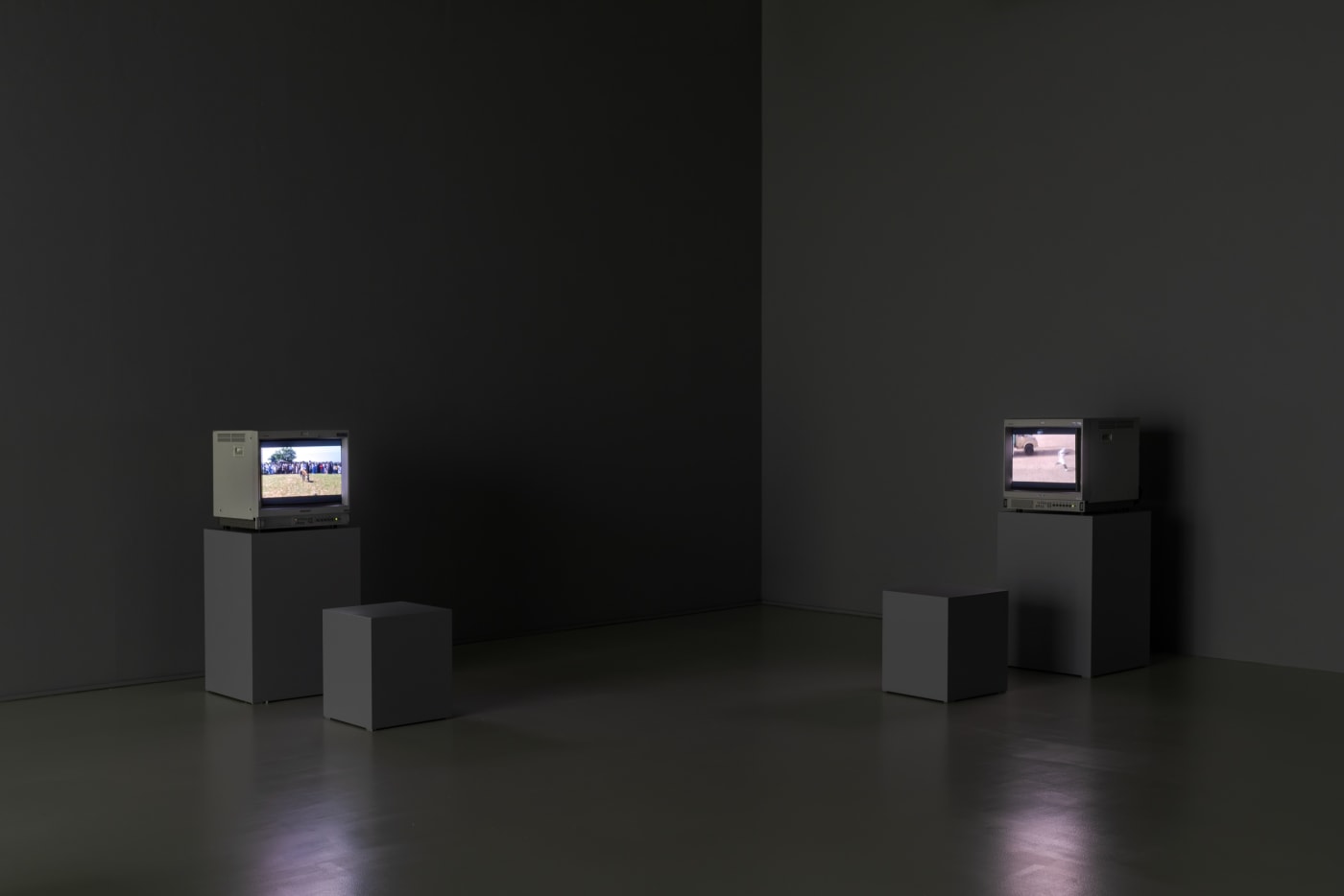 Installation view of Wael Shawky: Telematch and Other Stories, 2025, Barakat Contemporary, Seoul, Korea. From left to right : Wael Shawky, Telematch Suburb, 2008, single-channel video, sound, 9 minutes 8 seconds. Wael Shawky, Telematch Sadat, 2007, single-channel video, sound, 10 minutes 34 seconds.