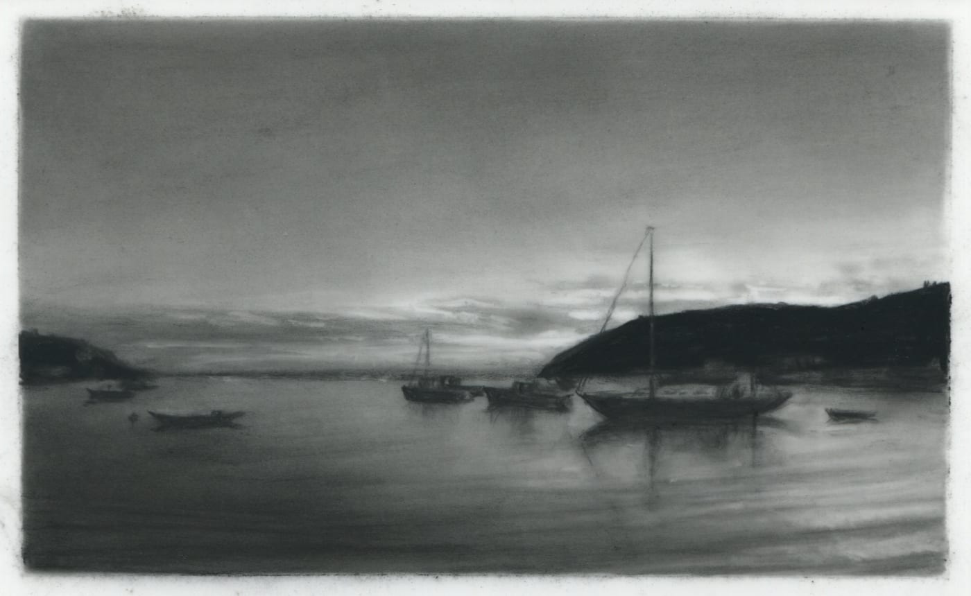 Dozier Bell, Monhegan Harbor, 2020, charcoal on Mylar, 3.5 x 5.5 in.