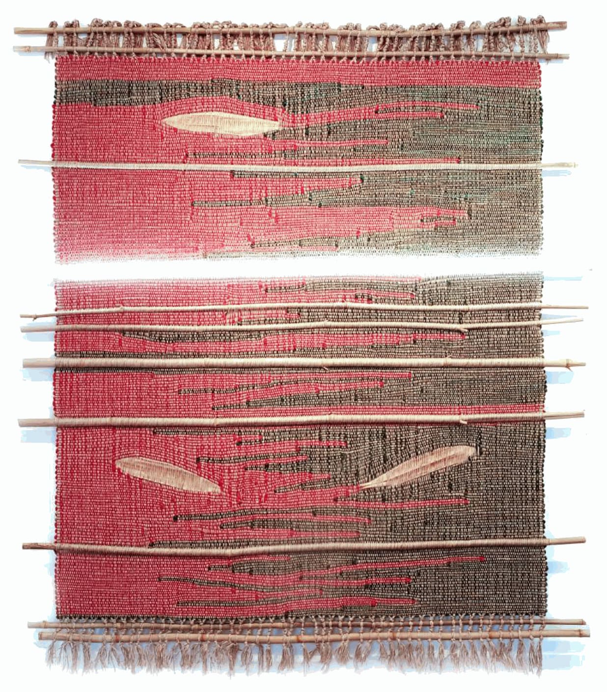 Pájaro Verde, 2019 weaving with wool, bamboos, bamboo leaves and led neon 120 x 152 cm