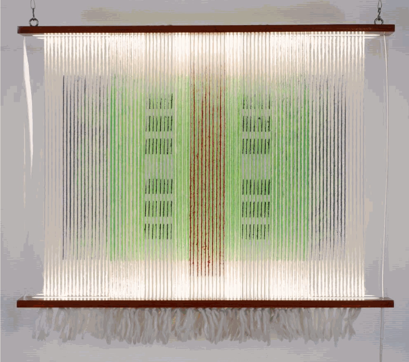 Surucucú, 2022 Silkscreen printing on wool and alpaca yarns, Padouk, led neon, Plexiglas 100 x 75 cm