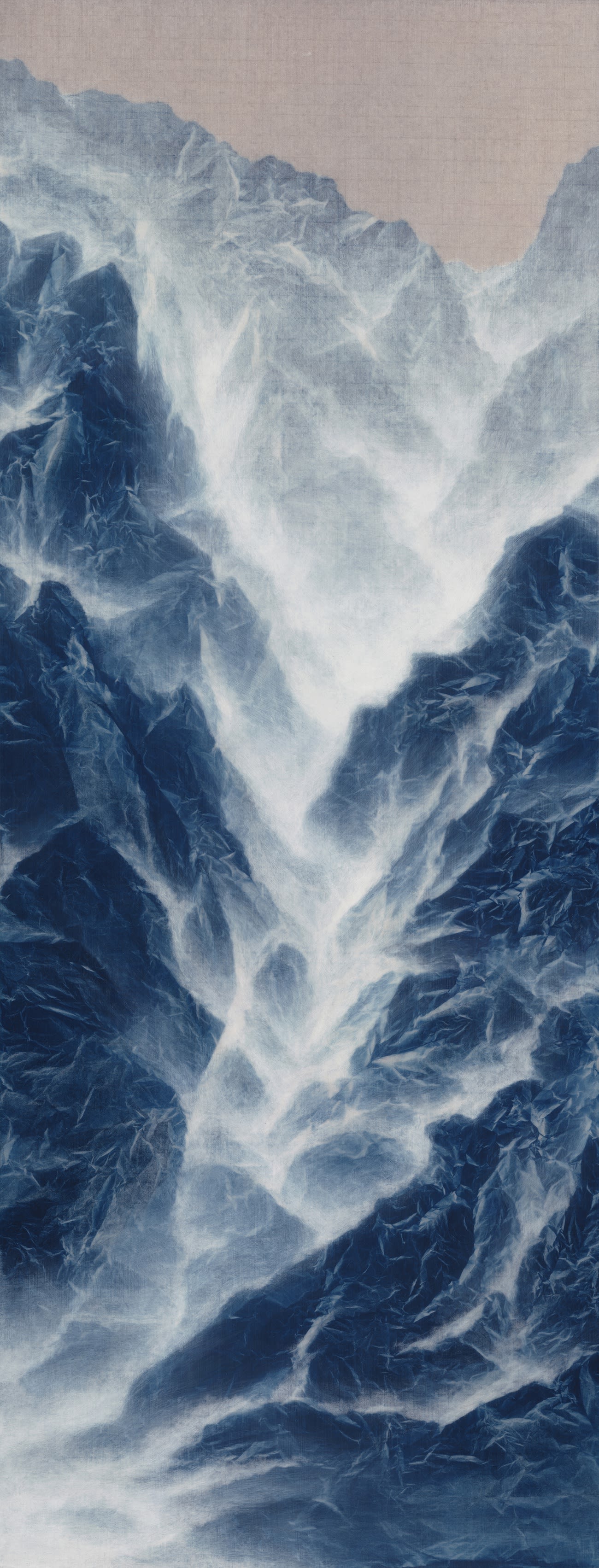 Cyano-Collage 093 (2021) Cyanotype, Xuan Paper, Acrylic Gel, Acrylic 132 x 51 cm