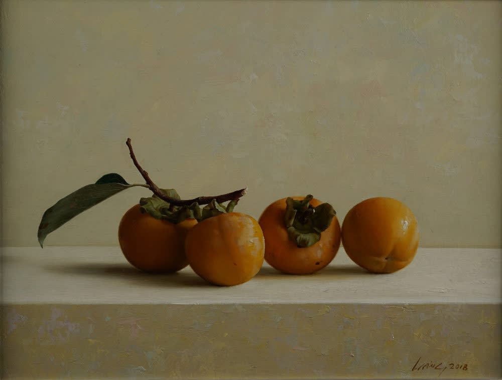 Qiangli Liang - Vier gele persimmons - 2018 - olieverf op doek - 30 x 40 cm