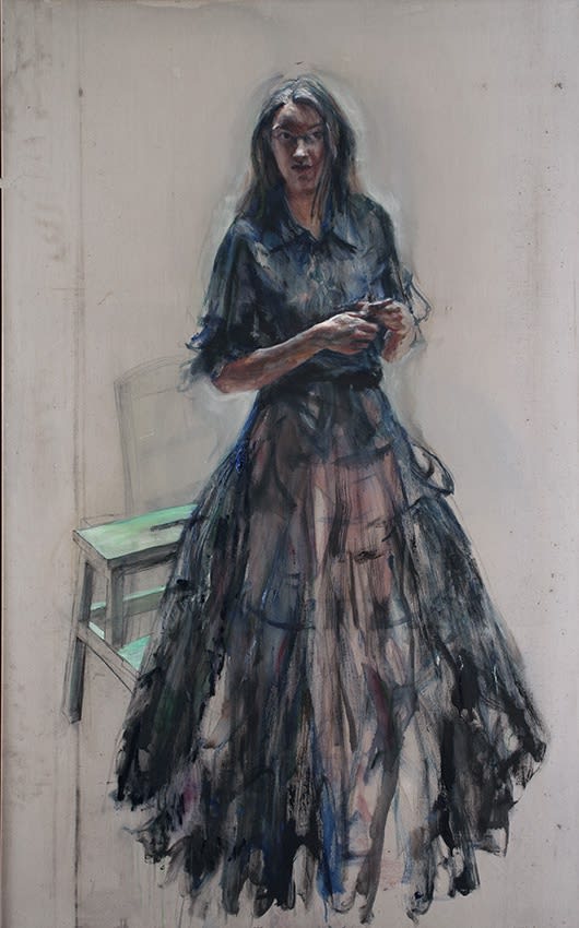 Sam Drukker - Vrouw in zwarte jurk (grijs) - 2018 - olieverf op doek - 200 x 125 cm