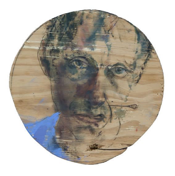 Sam Drukker - Selfportrait with royal blue shirt - 2017 - olie op paneel - diameter 25,5 cm
