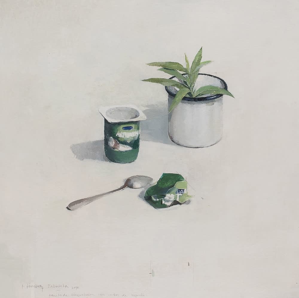 Joseba Sánchez Zabaleta - Ramito de hiervaluisa con restos de yohurt - 2017 - olieverf op paneel - 40 x 40 cm