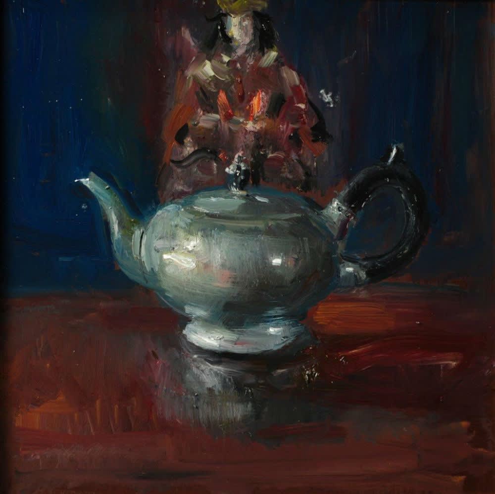 Douwe Elias - Theepot tegen Japanse achtergrond - 2016 - olieverf op paneel - 40 × 40 cm