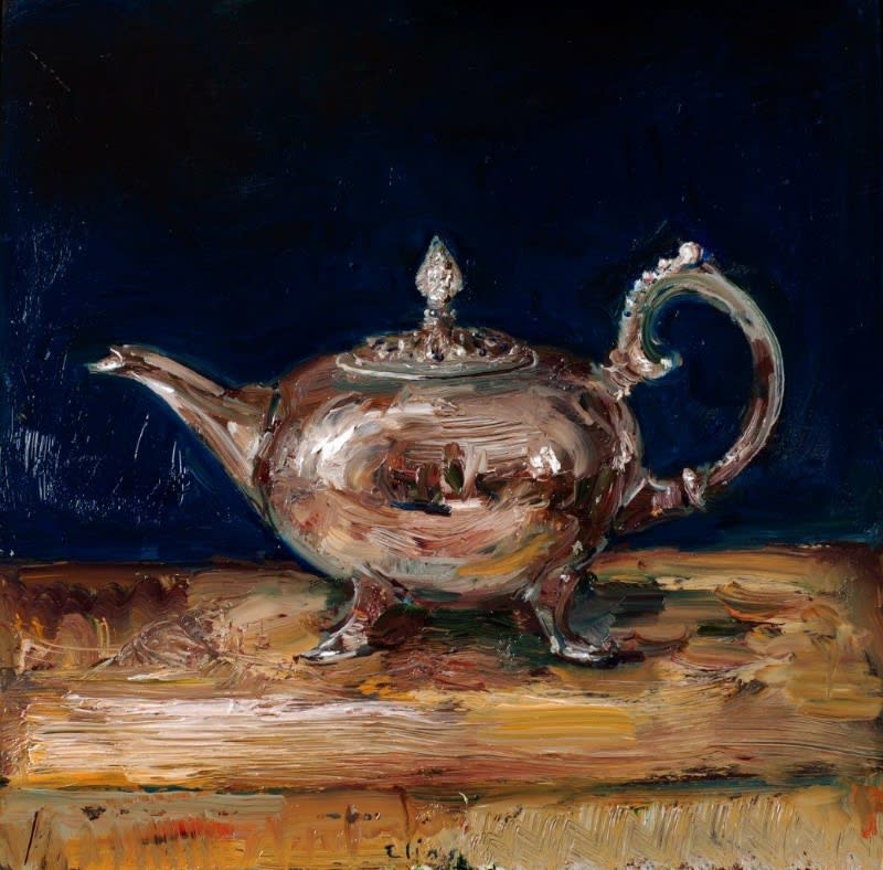 Douwe Elias - Bol potje tegen blauwe achtergrond - 2015 - olieverf op paneel - 40 x 40 cm