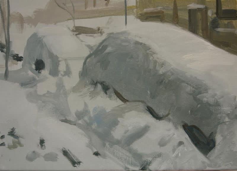 Robert Vorstman - Twee auto's met sneeuw in de straat - 2014 - olieverf op doek - 25 x 35 cm