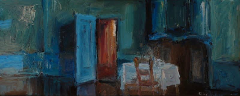 Douwe Elias - Tafel in blauwe kamer - 2014 - olieverf op paneel - 29 x 68 cm