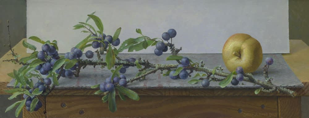 Joke Frima - Sleedoorn met appel - 2013 - olieverf op paneel - 19 x 49 cm