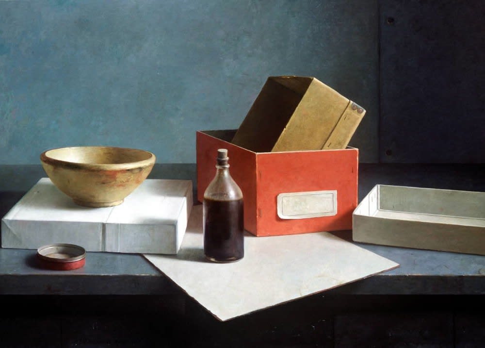 Henk Helmantel, Stilleven met fles en dozen, 1988