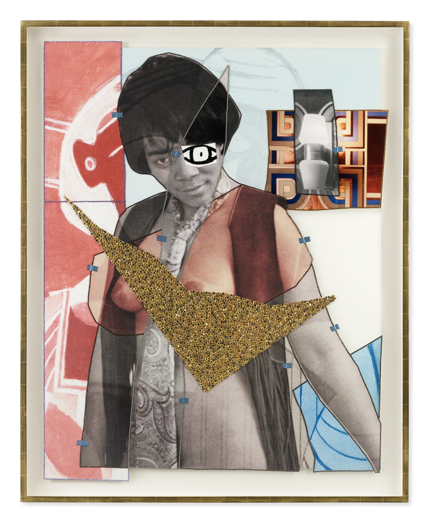 Mickalene Thomas Jet Blue #39, 2021 Color photograph, mixed media paper, acrylic paint, rhinestones, glitter and oil pastel on museum paper mounted on dibond 68 1/8 x 54 7/8 inches - 173 x 139,4 cm