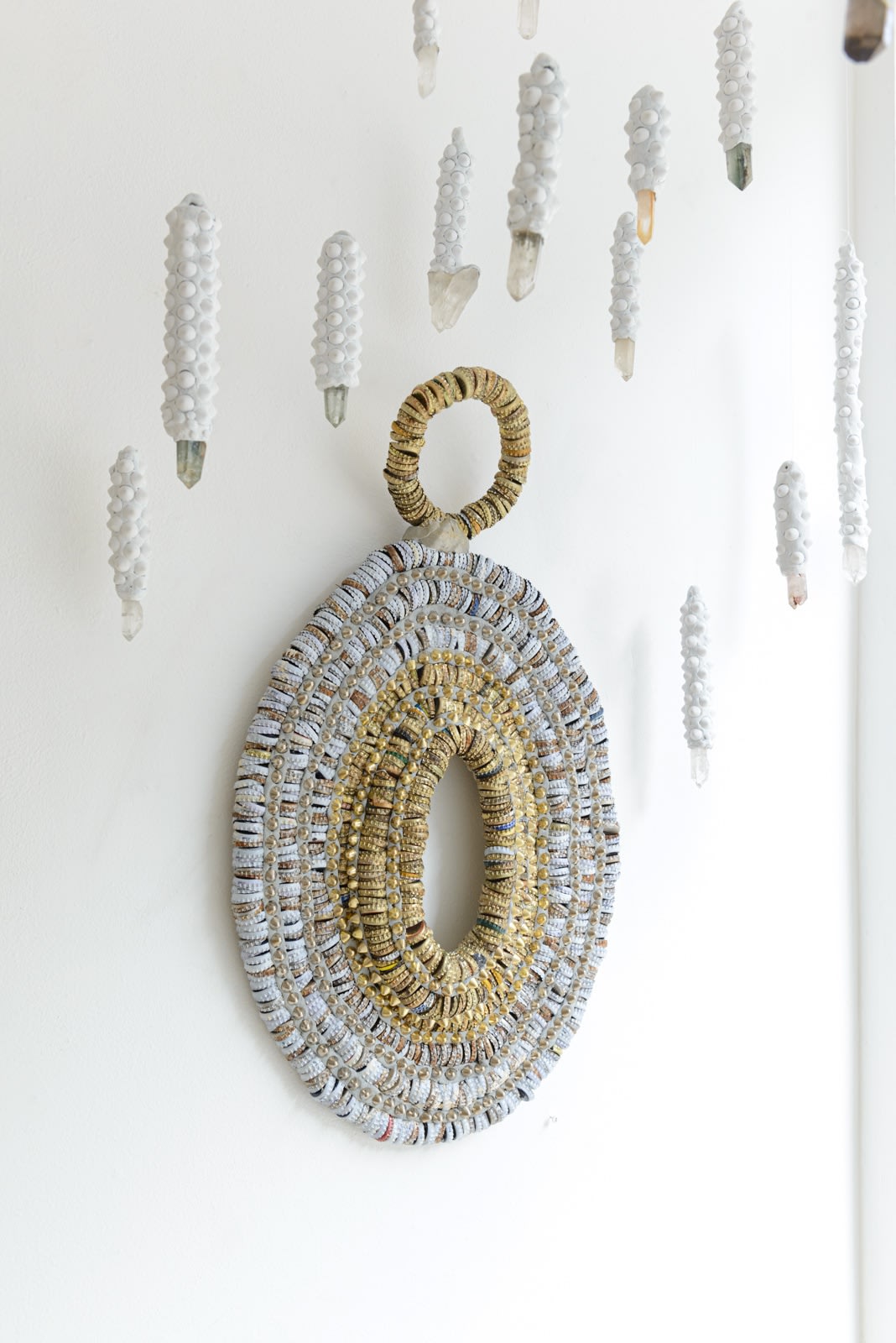 Installation view of Lucien Shapiro's solo show "Oculus", featuring found-object ritual sculptures