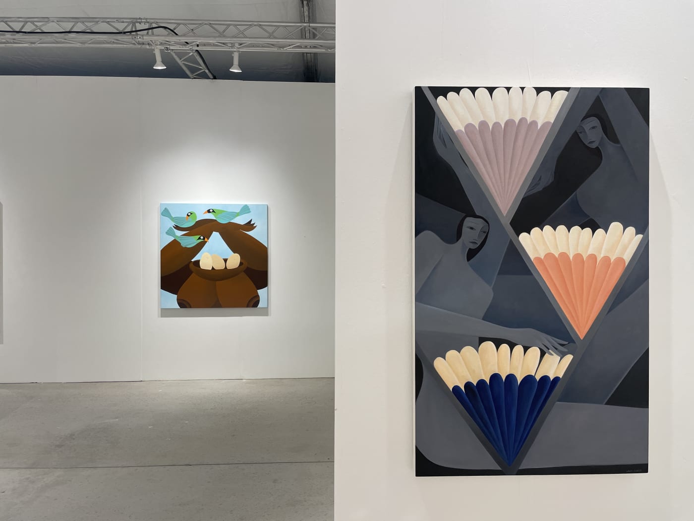 Installation image from Art Miami 2021 of Laura Berger and Bianca Nemeic's paintings