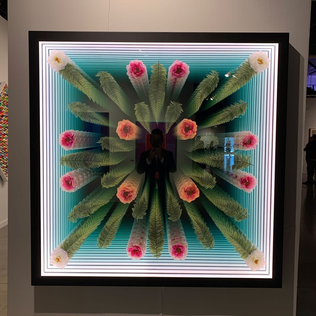 Installation image of Peter Gronquist's piece "Ferns and Roses" at a side view at the Seattle Art Fair 2019