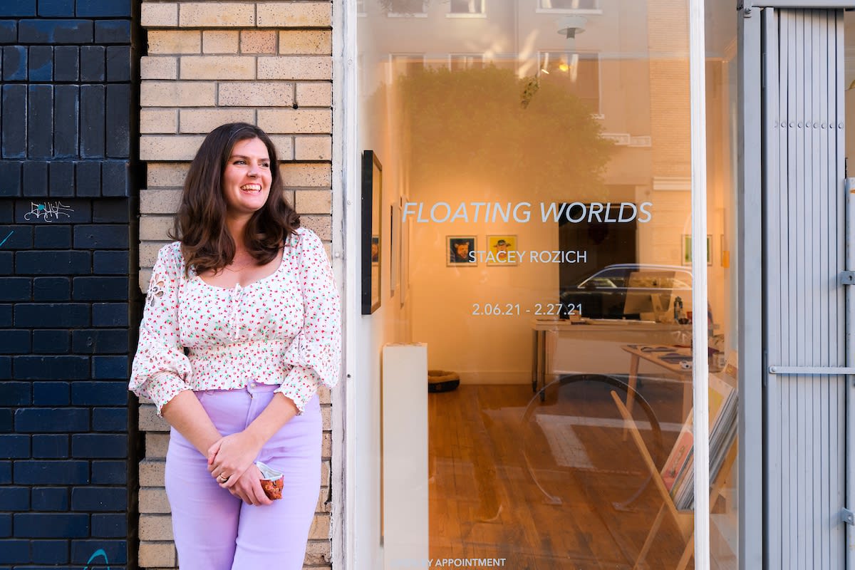 Portrait of artist Stacey Rozich at her exhibition "Floating Worlds" at Hashimoto Contemporary SF