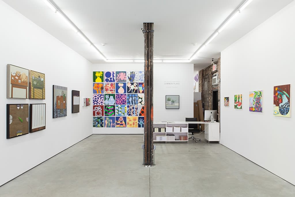 Gallery installation view of Common Place group show featuring abstract and still life paintings
