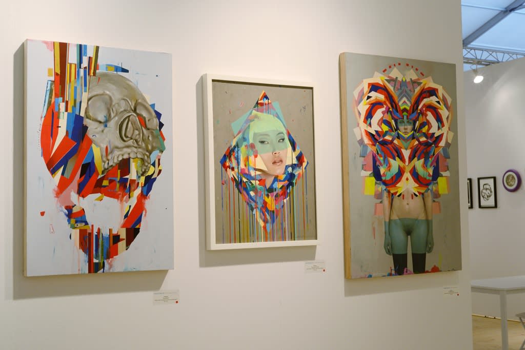 Art fair exhibition installation featured abstract and figurative work of Erik Jones 