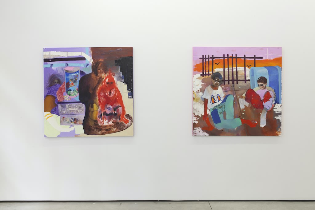 Installation view of Veronica Fernandez's paintings of slightly abstracted human figures with vibrant colors