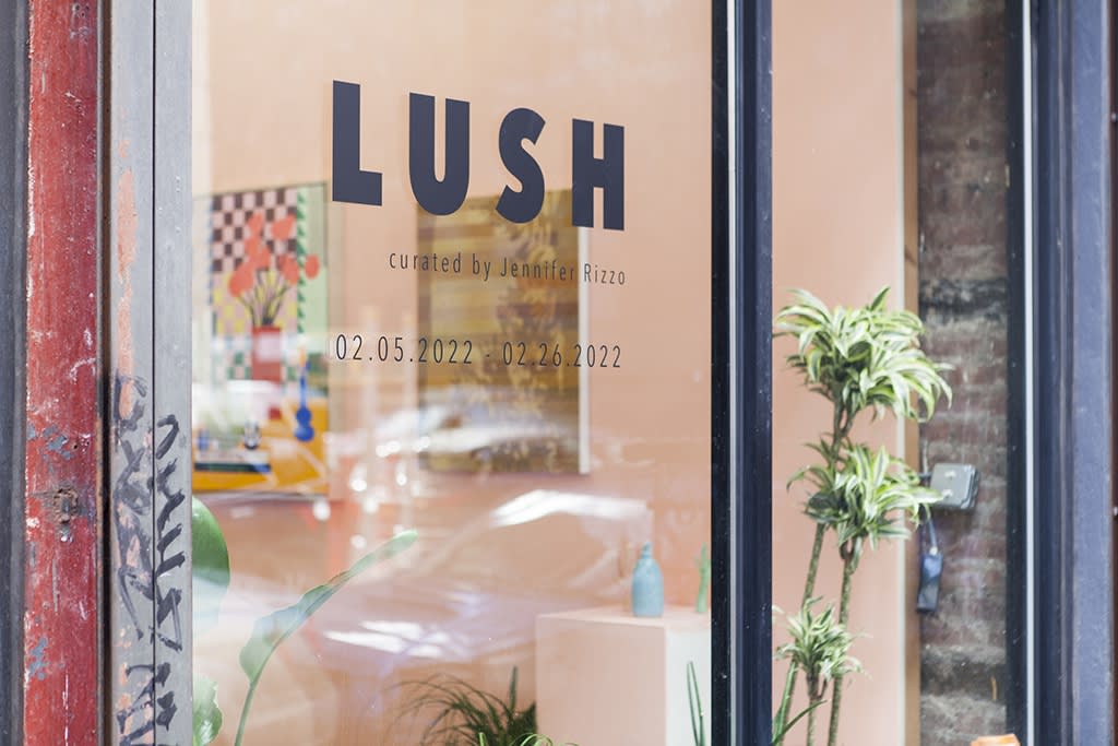 installation view of Lush 2022, gallery with peach walls and floral / plant themed artwork
