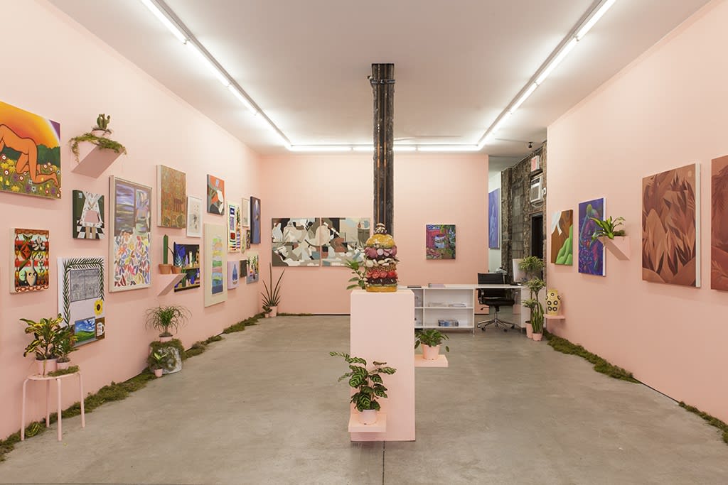 installation view of Lush 2022, gallery with peach walls and floral / plant themed artwork