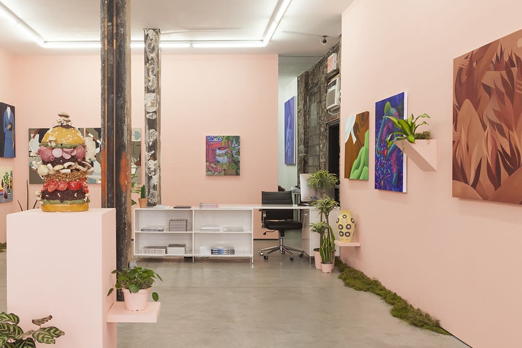 installation view of Lush 2022, gallery with peach walls and floral / plant themed artwork