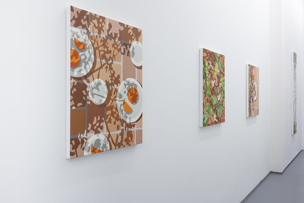 Installation view of Natalia Juncadella's solo exhibition at Hashimoto Contemporary (colorful shadow paintings on white walls)
