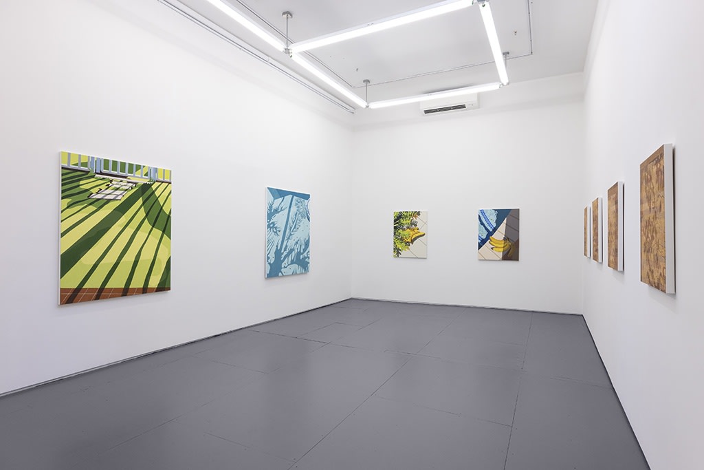 Installation view of Natalia Juncadella's solo exhibition at Hashimoto Contemporary (colorful shadow paintings on white walls)