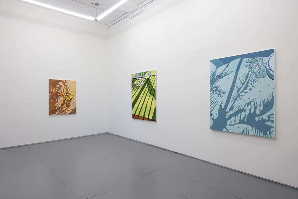 Installation view of Natalia Juncadella's solo exhibition at Hashimoto Contemporary (colorful shadow paintings on white walls)