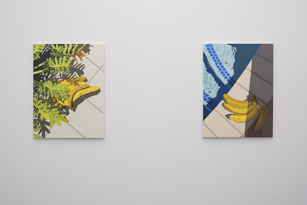 Installation view of Natalia Juncadella's solo exhibition at Hashimoto Contemporary (colorful shadow paintings on white walls)