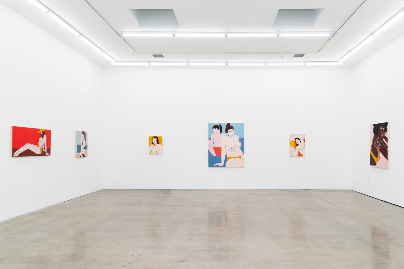 Installation shot of west gallery wall with the paintings Pebble, Pendant, Clementine, Sun Day, The Escape and Dazzle.