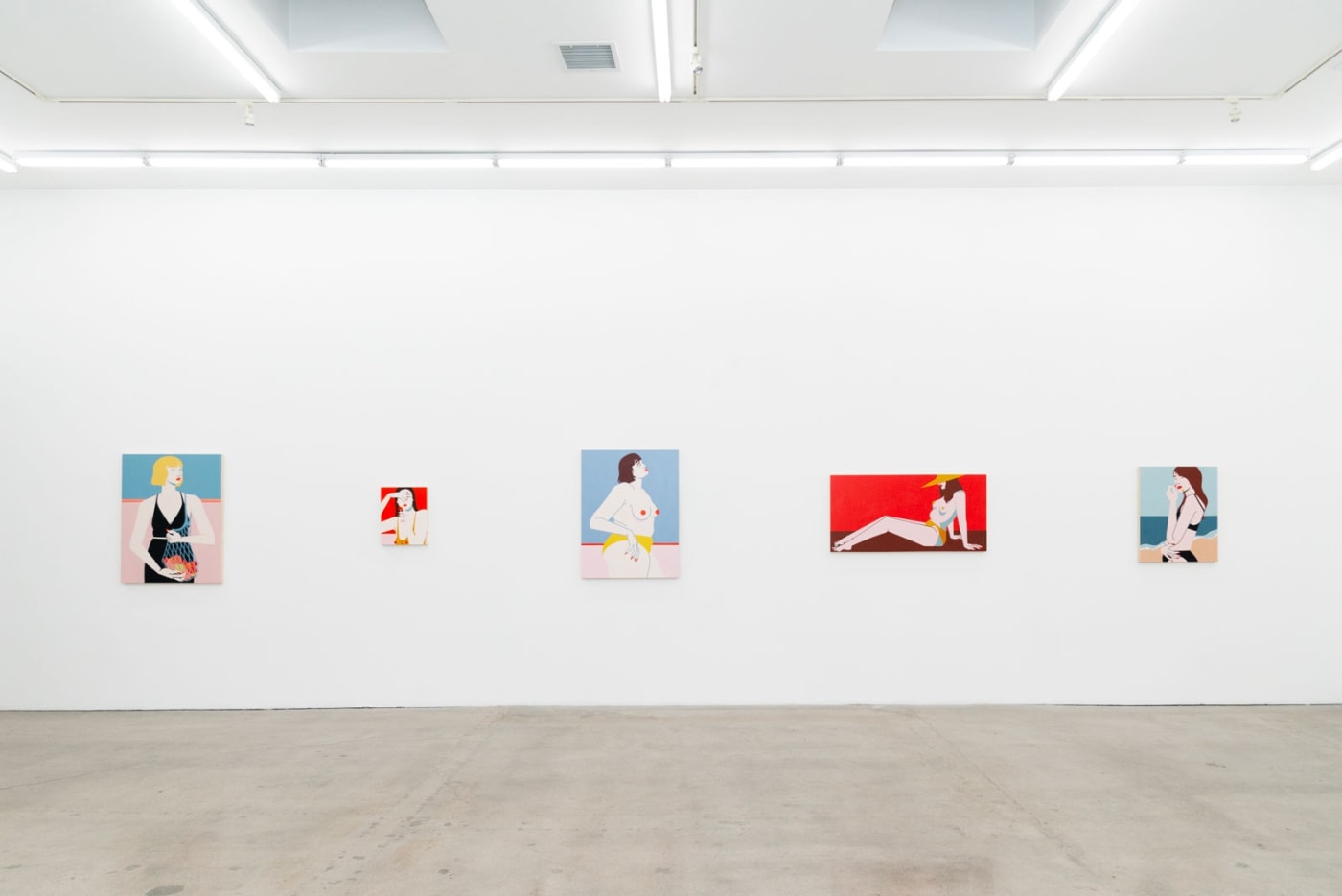 Installation shot of the south gallery wall with the paintings Sucker, Wonder and Pebble.