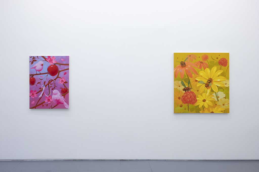 installation image of bright colored paintings by Megan Ellen Macdonald