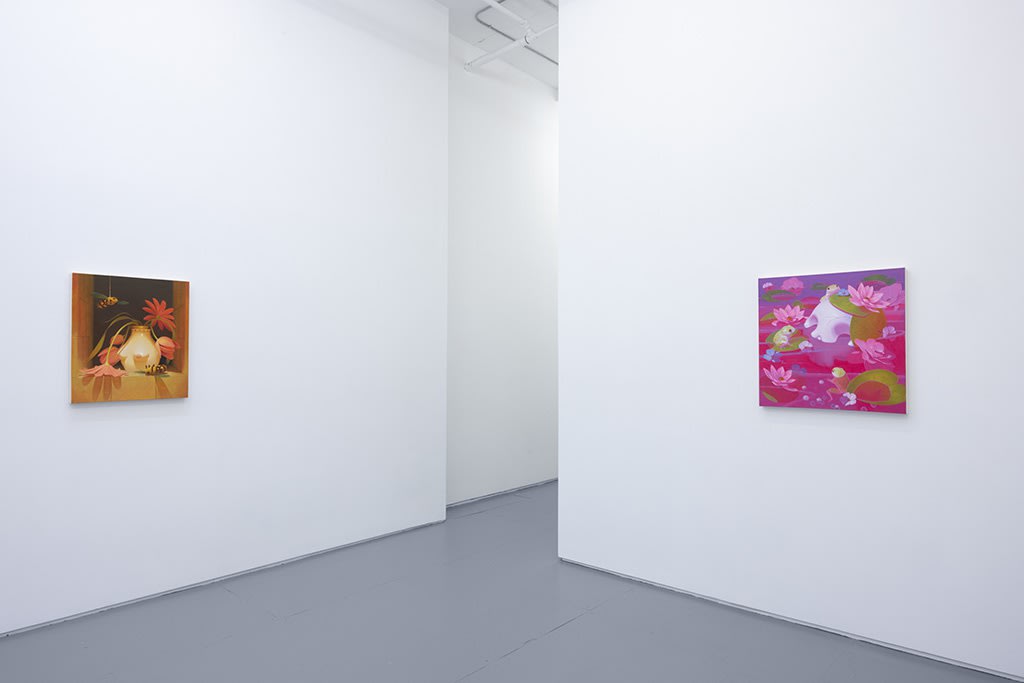 installation image of bright colored paintings by Megan Ellen Macdonald