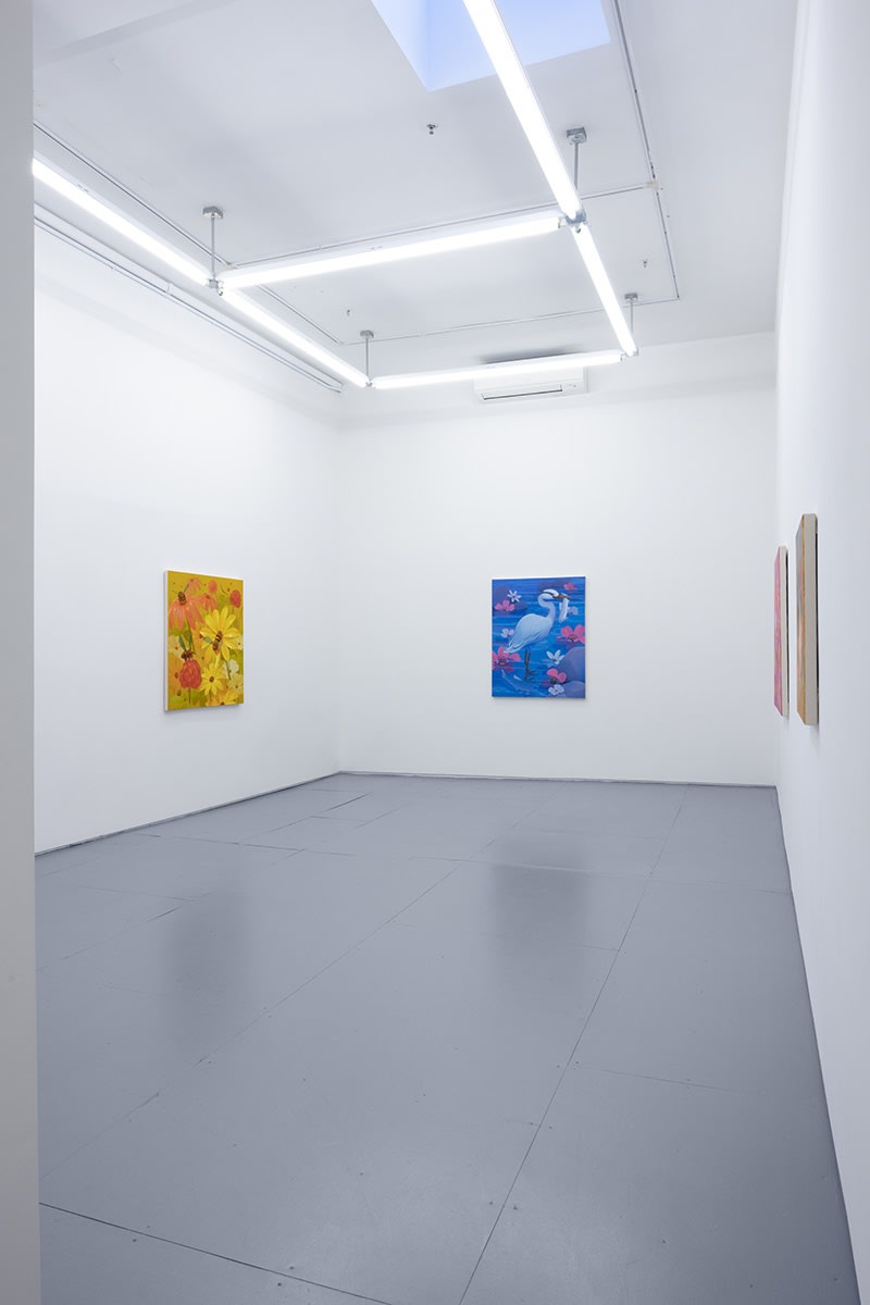 installation image of bright colored paintings by Megan Ellen Macdonald