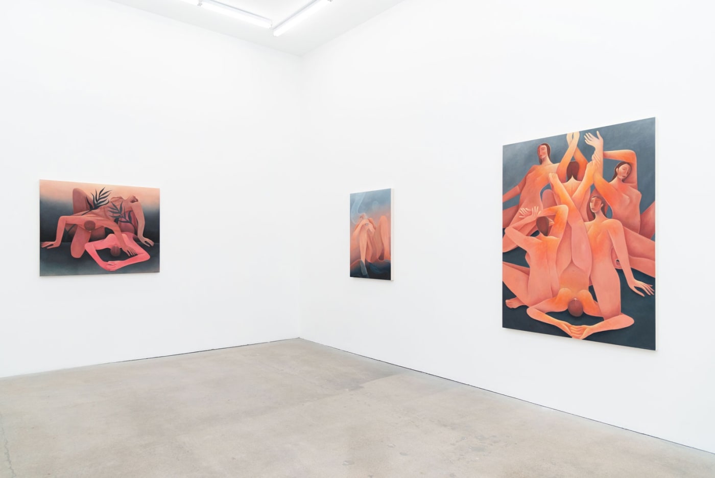 Installation image of Laura Berger's paintings "Resurfacing", "Sky Drape" and "Becoming Light"