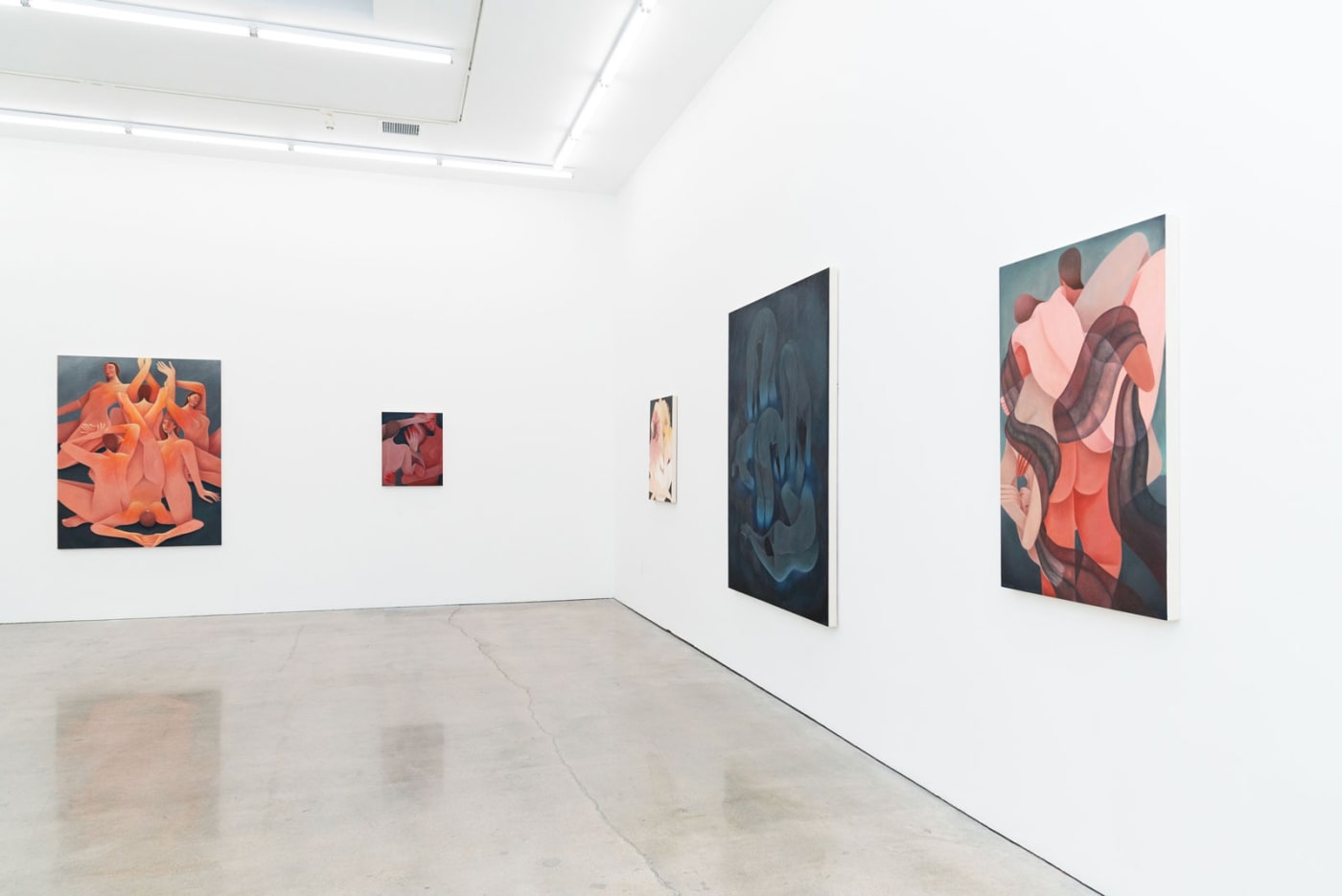Installation image of Laura Berger's paintings "Hot Hands", "Anthophilous", "The Source" and "The Weight"