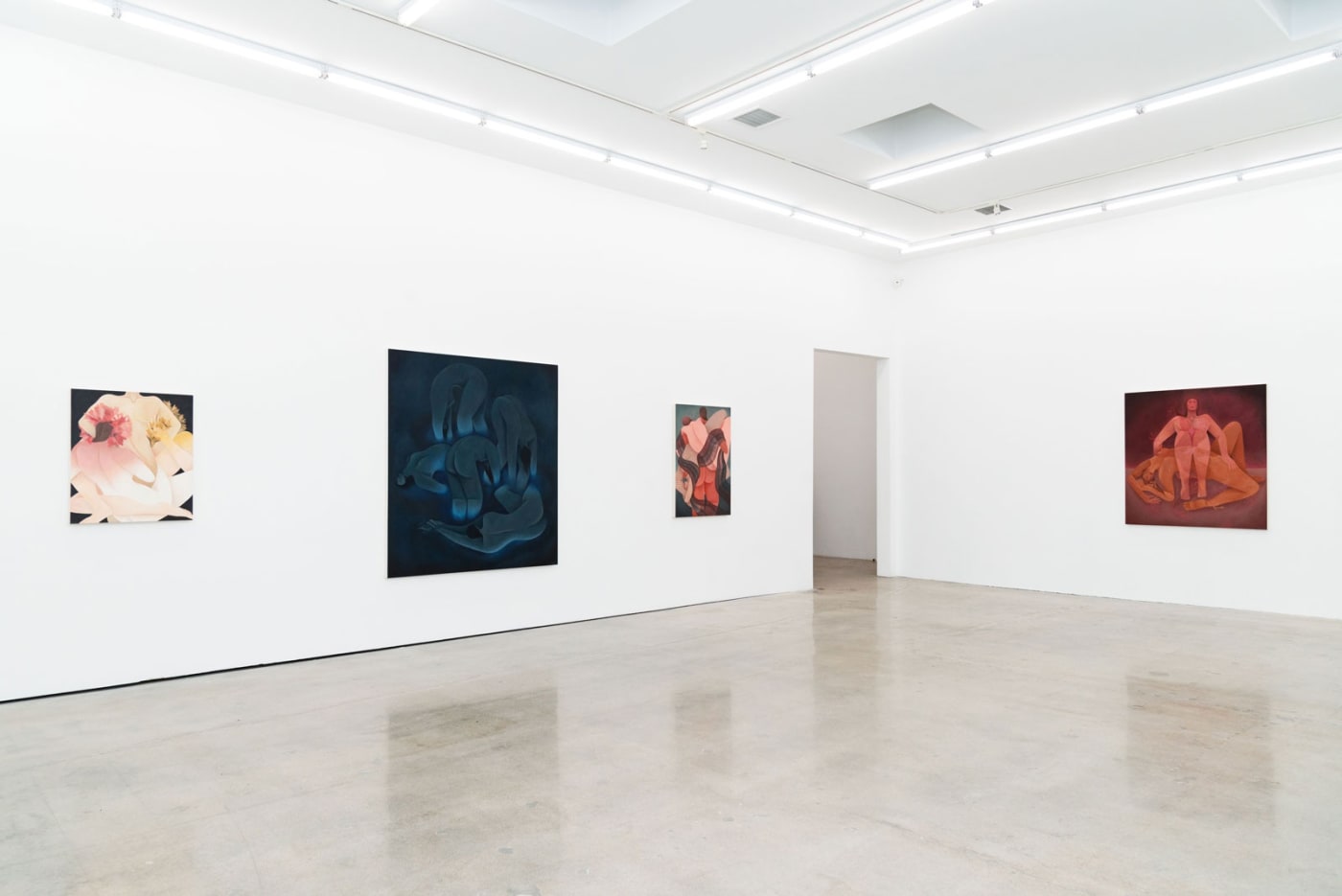 Installation image of Laura Berger's paintings "The Source" and "The Weight"