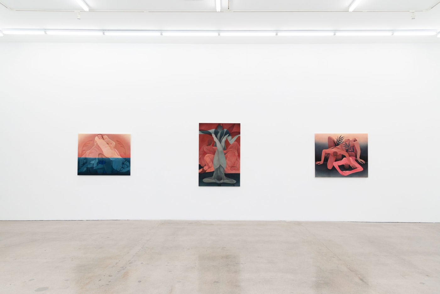 Installation image of Laura Berger's paintings "Dreaming Underwater", "Tree" and "Resurfacing"