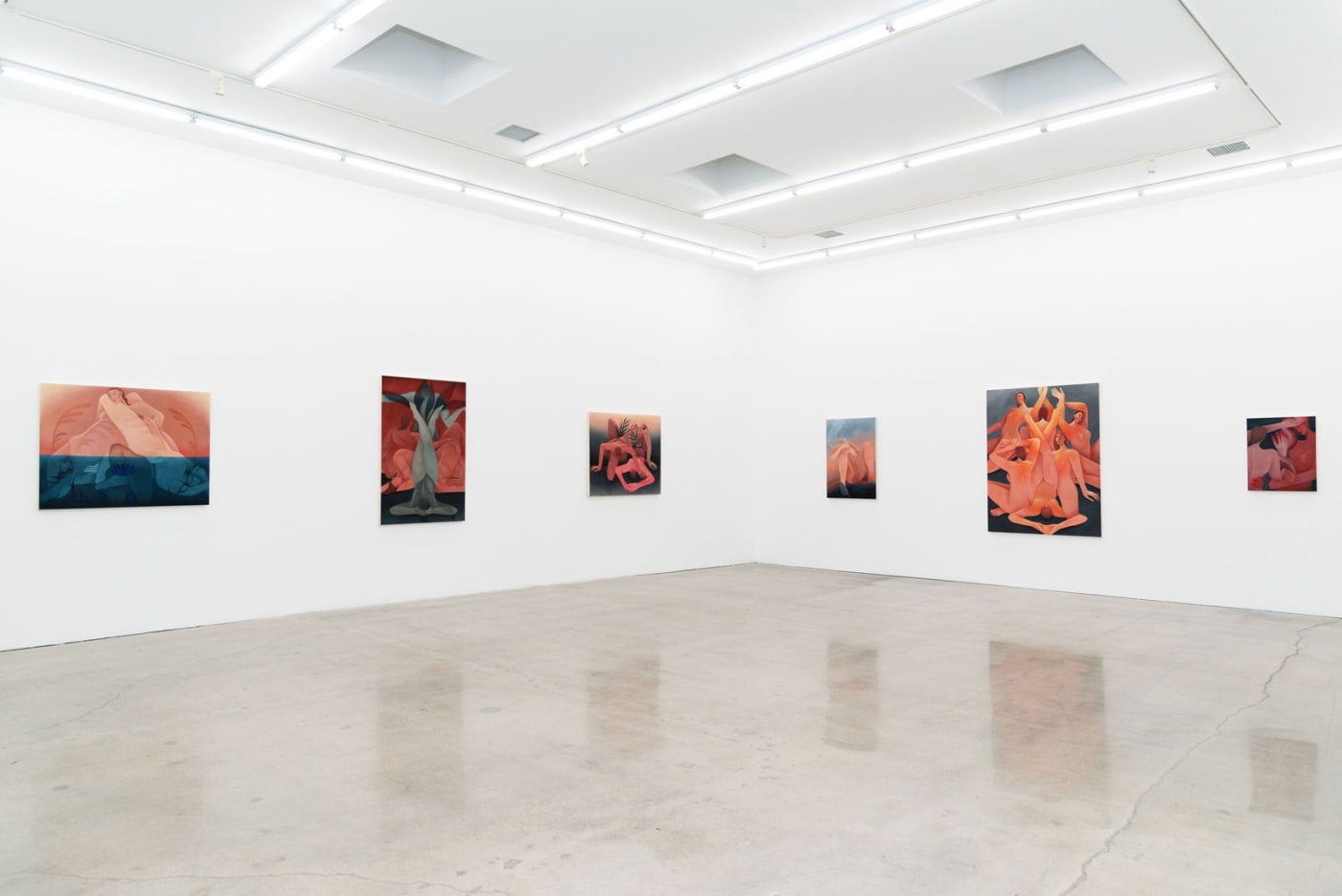 Installation image of Laura Berger's paintings "Tree", "Resurfacing", "Sky Drape" and "Becoming Light"