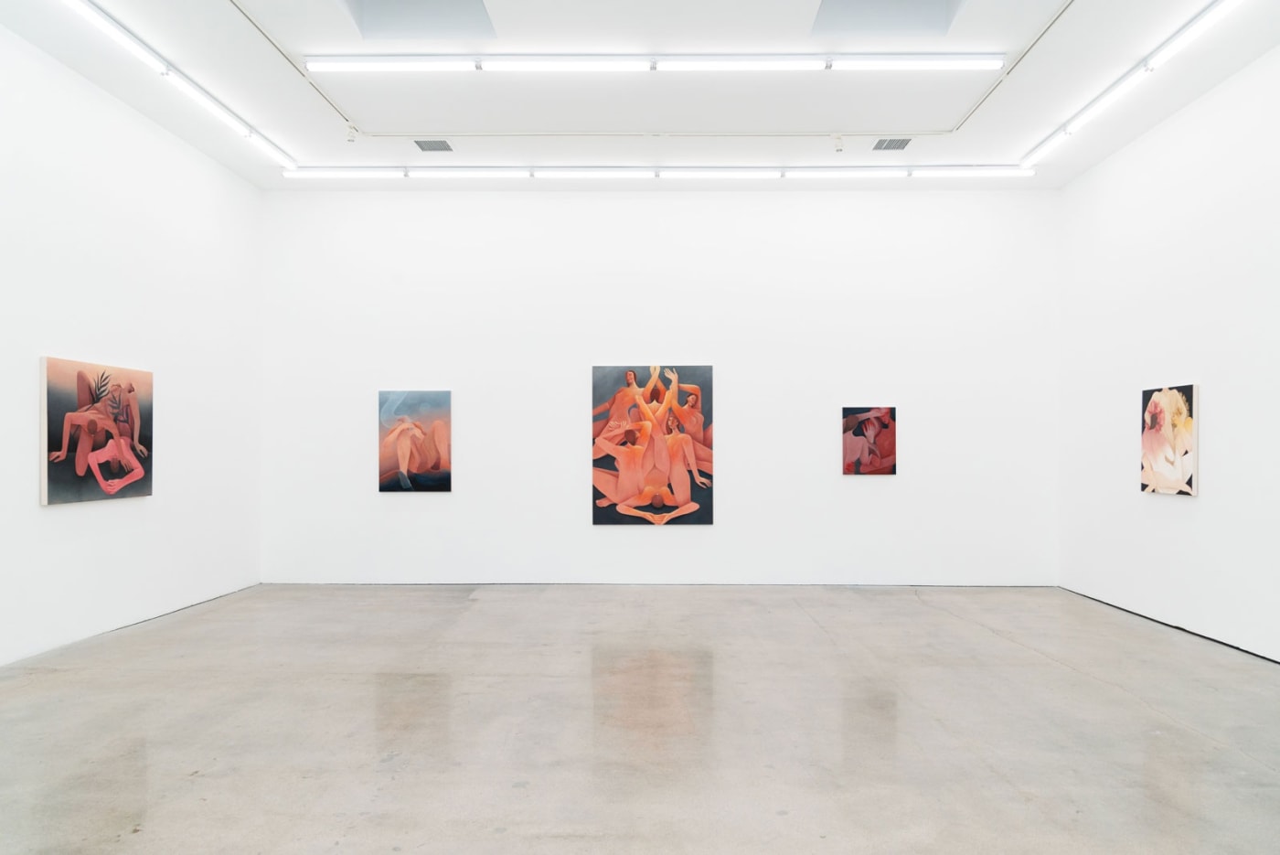 Installation image of Laura Berger's paintings "Sky Drape", "Becoming Light" and "The Weight".