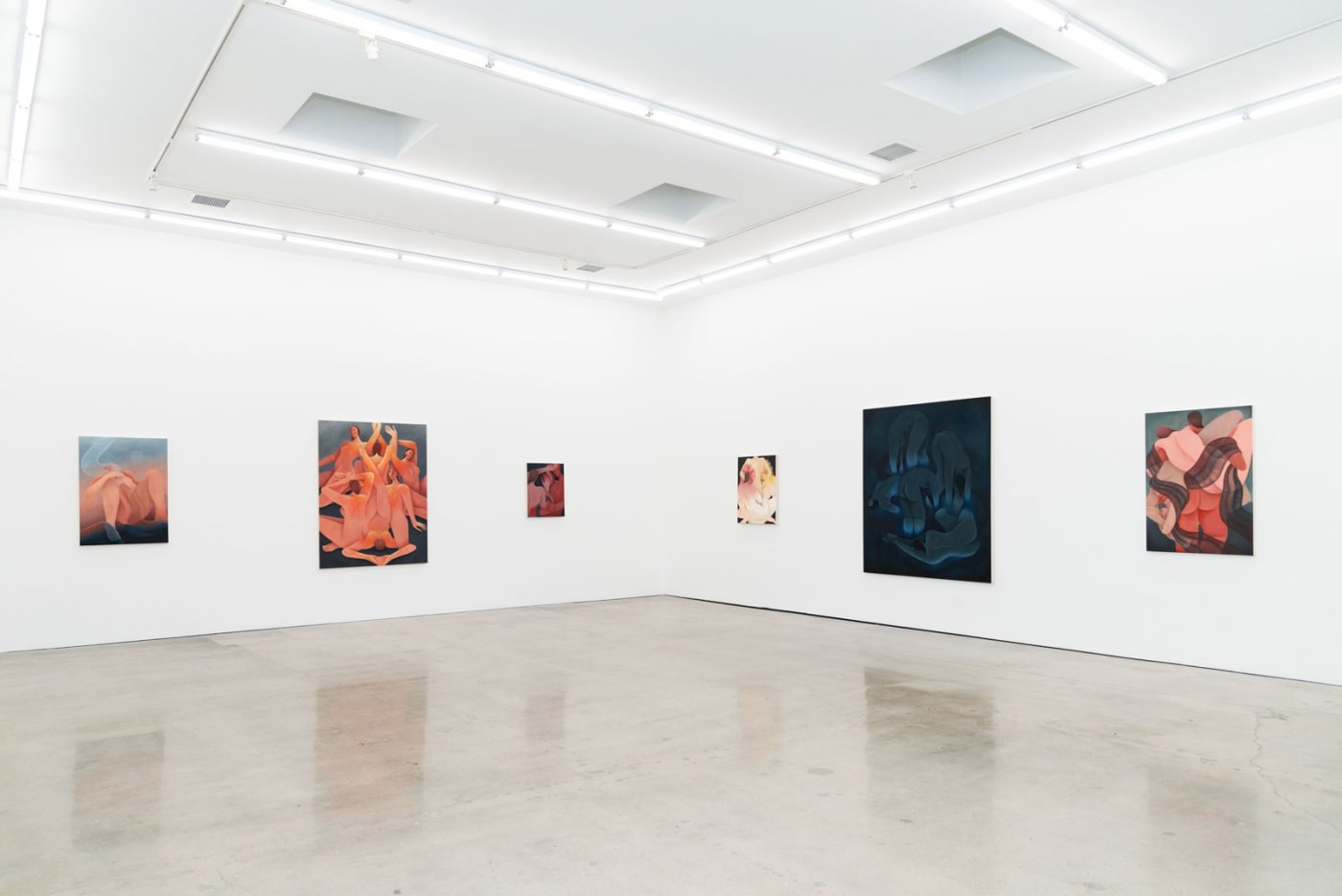 Installation image of Laura Berger's paintings "Becoming Light", "Hot Hands", "Anthophilous", "The Source" and "The Weight"