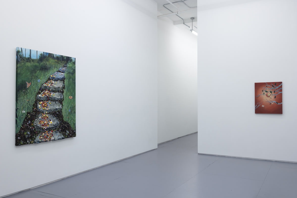 Installation photo of two paintings from the Nic Dyer Exhibition "BREADCRUMB"