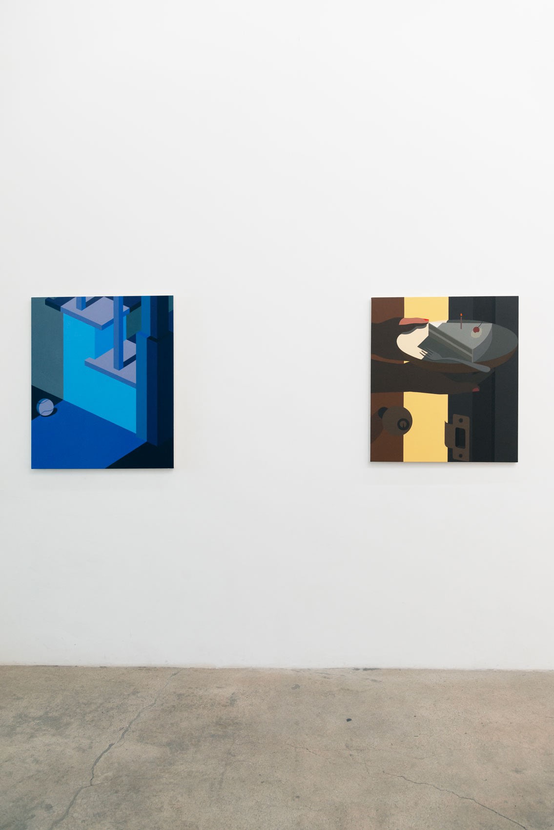 Installation view of Adrian Kay Wong's paintings On A Cold Day and Slice Of Life